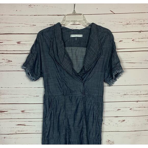 TRINA TURK Women's XS Extra Small Blue Denim Lyocell Linen Short Sleeve Dress - Picture 2 of 11